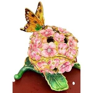 Decorative Floral Jewelry Box with Butterfly, Enamel Hydrangea Design pink gold